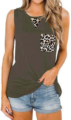 DOLAA Womens Summer Sleeveless T-Shirt Round Neck Plain T Shirt with Pocket T Shirts Womens Tops Sleeveless Summer Tops for Women Casual Baggy Shirts Ladies Leopard Print Sleeveless Vest T-Shirt
