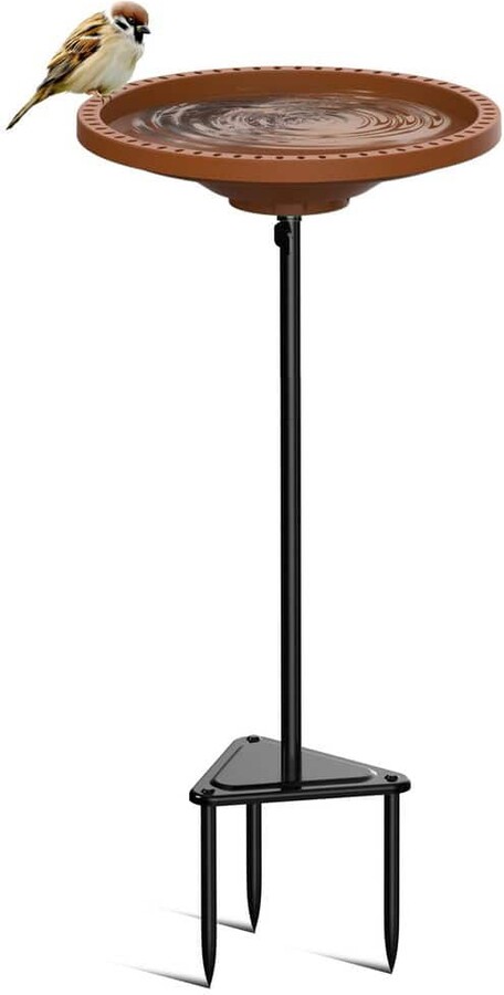 Phewnyzo 13 in. Circle Brown Heavy Duty Freestanding Bird Bath Stand with Metal Stake Stand, Bird Bath Bowl Spa