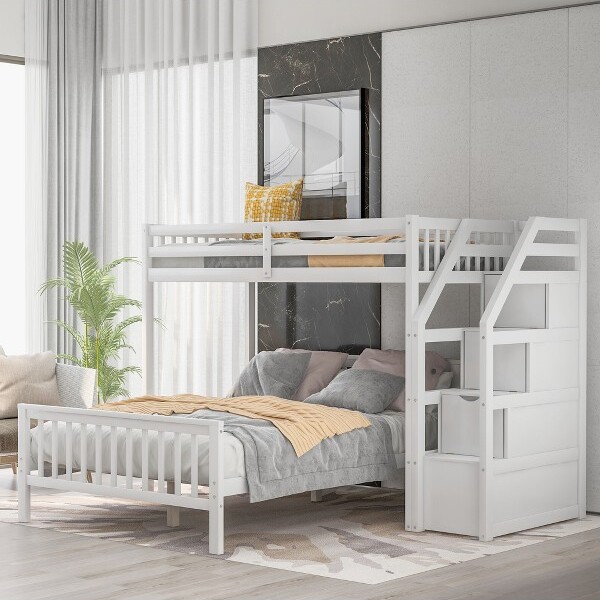 ModernLuxe TwinoverFullLoftBedwithStaircaseWhite
