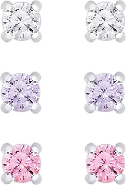 Lily Nily Girls White, Lavender, and Pink Cz 3 Pairs Studs Set in Sterling Silver
