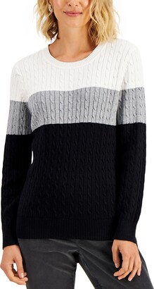 Karen Scott Petite Elena Cotton Colorblocked Cable-Knit Sweater, Created for Macy's