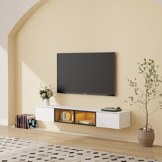 POVISON Modern Wall-mounted White Stone Floating TV Stand with Storage, 4  Drawers, LED lights - ShopStyle