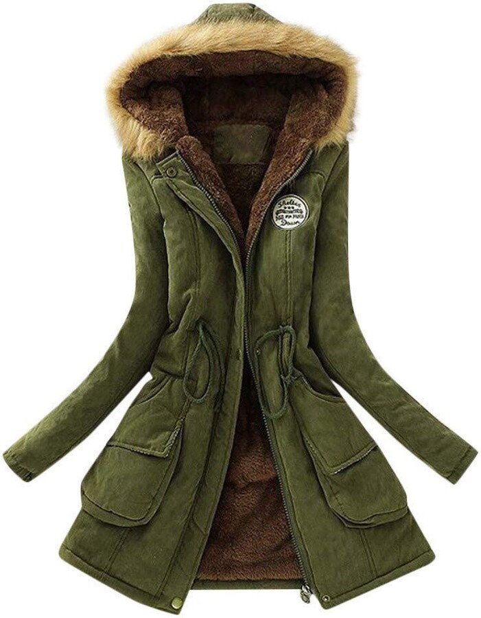 Onsoyours Women's Designer Warm Winter Parka Quilted Hooded Long Coat Jacket-  Fleece Lined Body Zip Pockets C Army Green M - ShopStyle