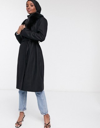 French Connection Carmelita faux fur collar coat in black