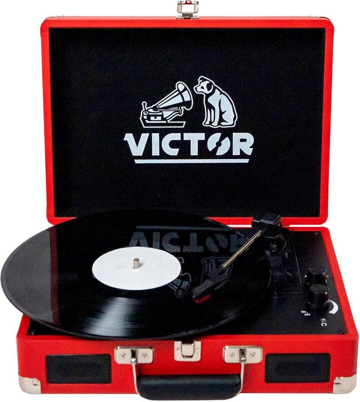 Victor Metro Portable Suitcase Turntable Record Player with Dual Bluetooth In and Out and Built-in Stereo Speakers, Red