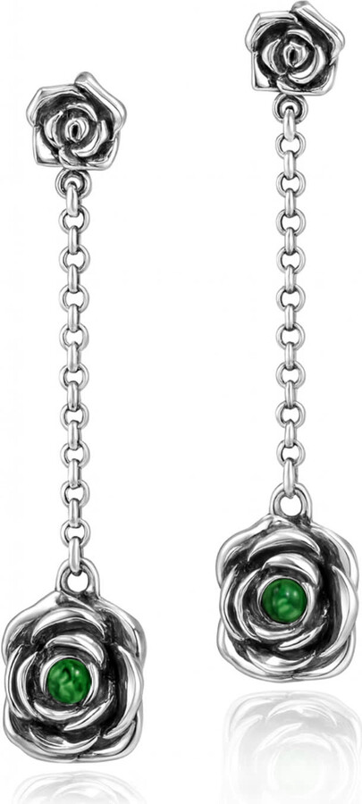 Unaloe Silver / Green Rocks Sterling Silver Rose Drop Earrings With Emerald Stone – Jewelry For Women