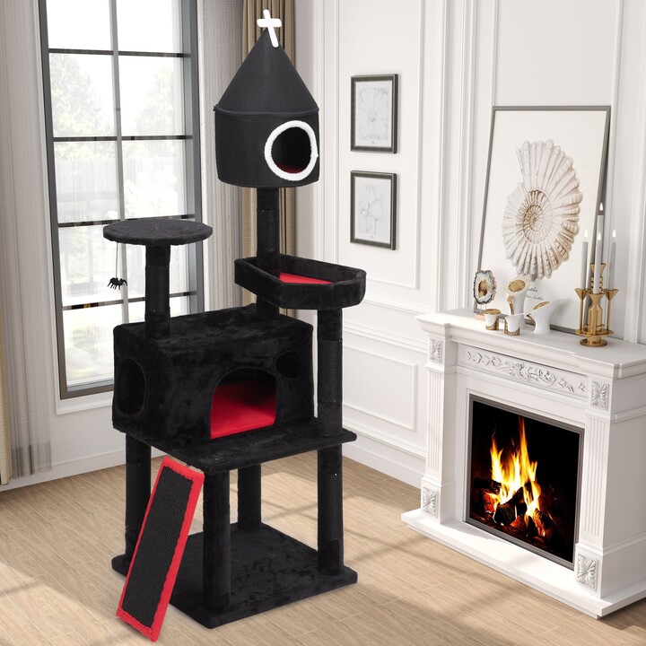 coziwow Gothic 64-in Scratching Posts Condo Large Cat Tree Tower, Black & Red
