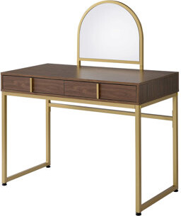 Rectangular Vanity Desk With Walnut And Gold Finish, Metal Frame, Included Mirror Jewelry Tray, 2 Drawers For Storage, Particle Board Material, 42 - I