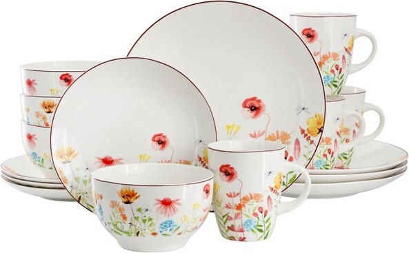 Elama ElamaWildflowerMeadow16PieceStonewareDinnerwareSetinWhiteandMulti