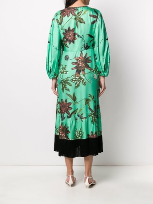 Fringed Detail Floral Print Silk Dress
