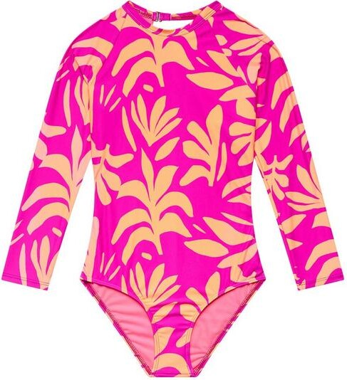 Beach Lingo Girls' Shape Shifter Long Sleeve Rash One Piece Swimsuit 7 Cyber Pink