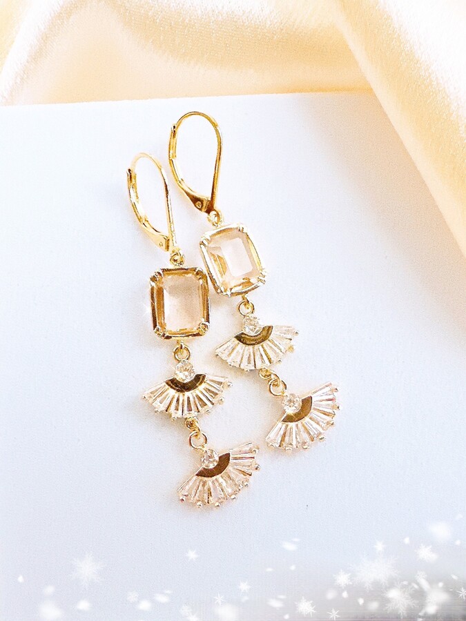 Champagne Earring Art Deco Fan Earrings Gold Bridesmaid Jewelry