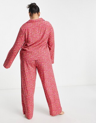 ASOS Curve ASOS DESIGN Curve modal ditsy floral long sleeve shirt & pants pyjama set in red & pink