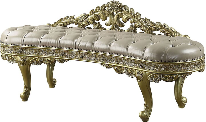 ACME Cabriole Wooden Upholstered Tufted Bench in Light Gold and Gold