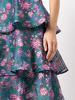 Marchesa Notte Floral-Print Tiered Flared Midi Dress