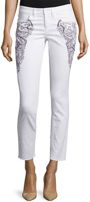 Escada Embroidered Skinny Cropped Jeans, White