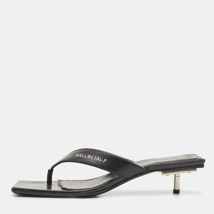 Balenciaga Black Leather Square Toe Thong Slide Sandals Size 37 - ShopStyle