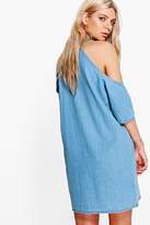 Thumbnail for your product : boohoo Longline Cold Shoulder Denim Shirt Dress
