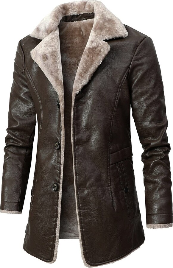 VESNIBA Leather Jacket with Hood Mens Shearling Leather Trench Coat