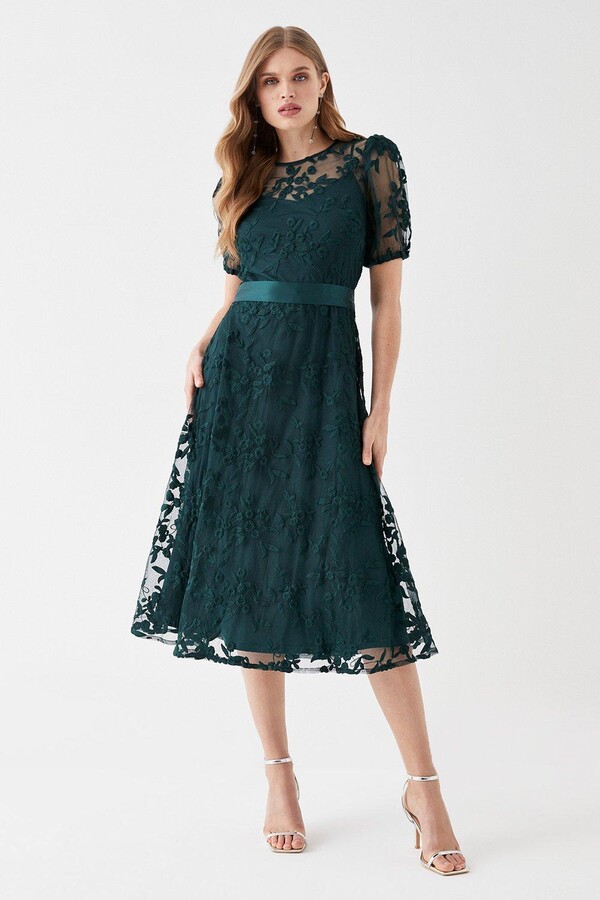Embroidered Mesh Puff Sleeve Midi Dress - ShopStyle