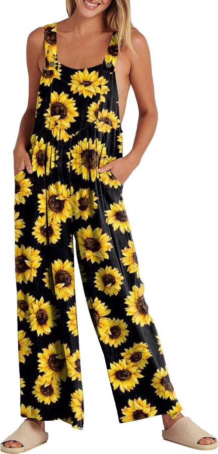 Culotte Jumpsuit Sunflower Print Jumpsuit Black Yellow Floral
