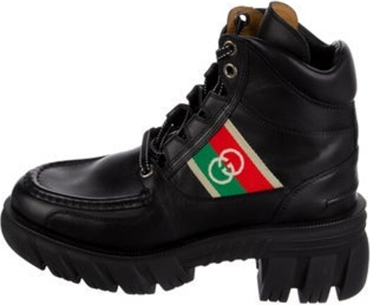 Gucci Leather Ankle Combat Boots Black Web Accent & Interlocking G Logo Round-Toes Lace-Up Closure at Uppers