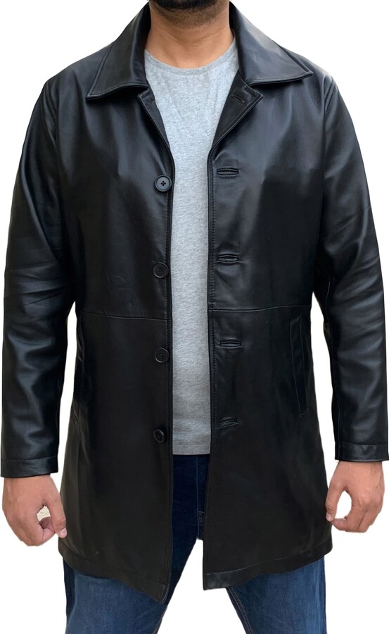 JAKLEZ Long Leather Coat For Men Mens Leather Car Coat Leather