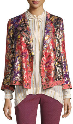 Etro Foiled Floral-Print Jacket, Orange/Purple/Gold