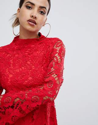 PrettyLittleThing lace fluted sleeve skater dress in red