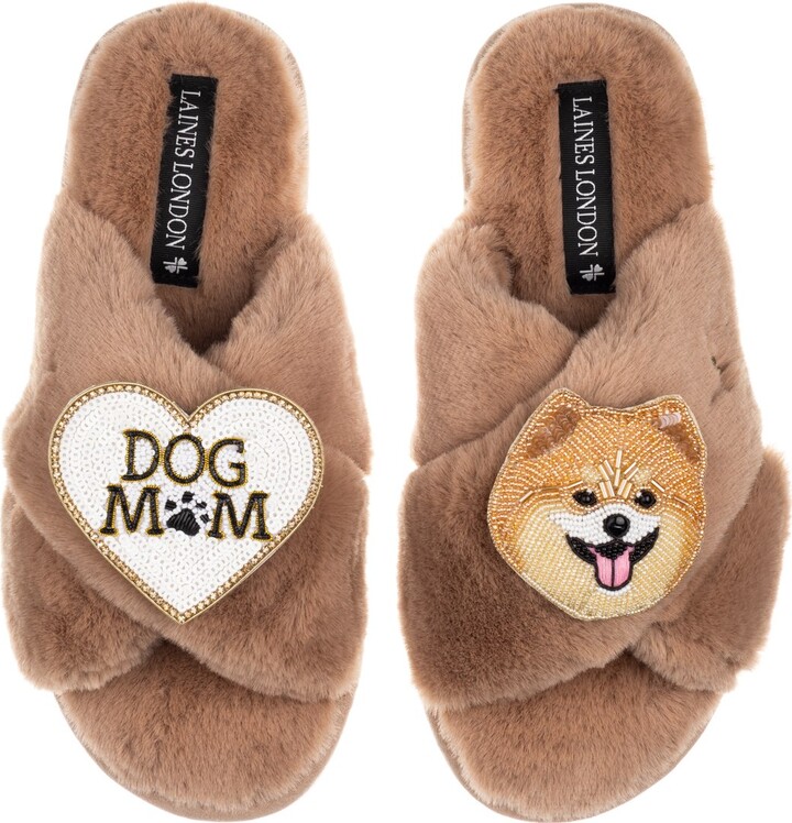 Laines London Brown / Neutrals Classic Laines Slippers With Teddy The Pomeranian & Dog Mum / Mom Brooches - Toffee