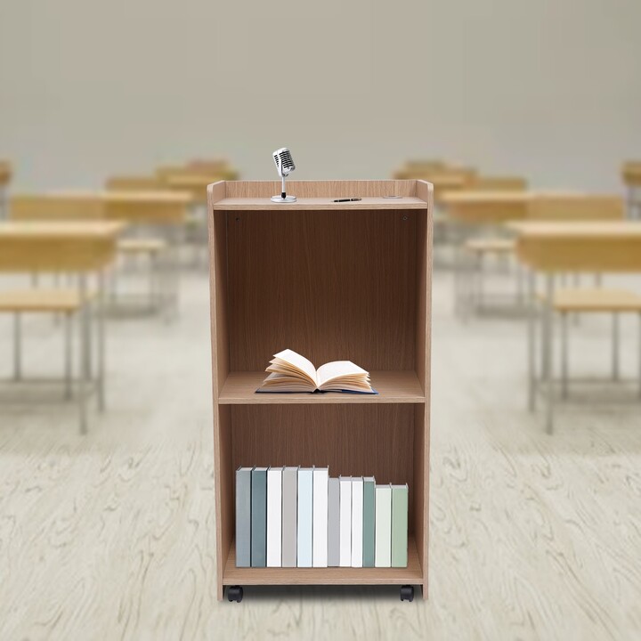 Oukaning Portable Podium Stand Oak Conference Lectern with Wheels