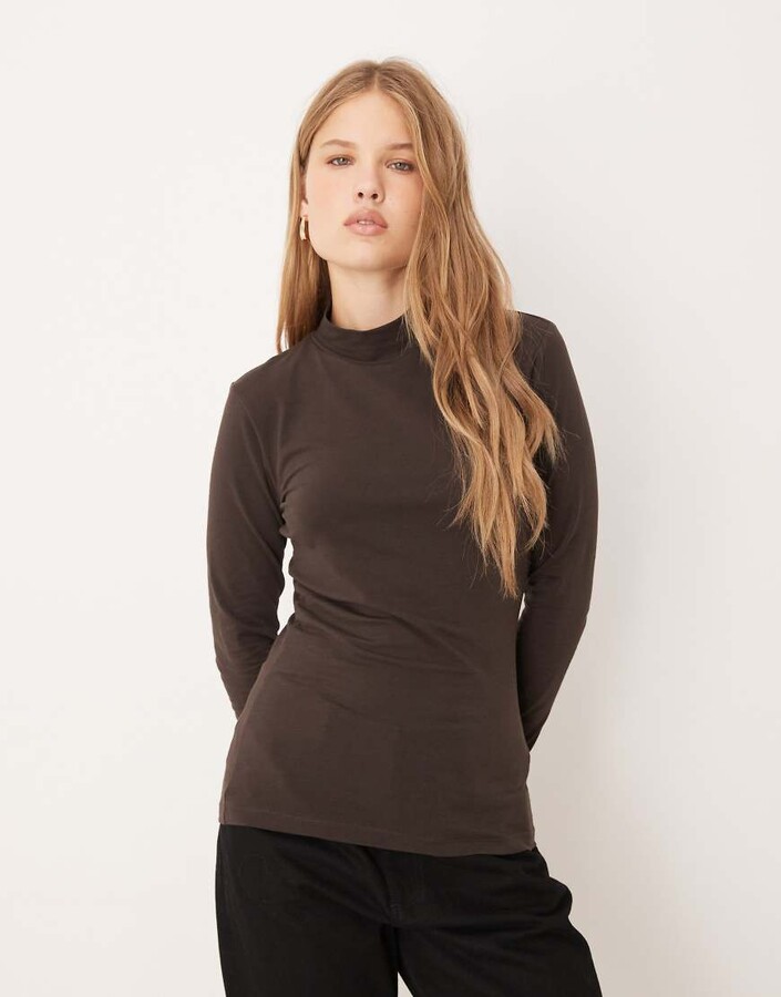 JDY high neck top in dark chocolate brown