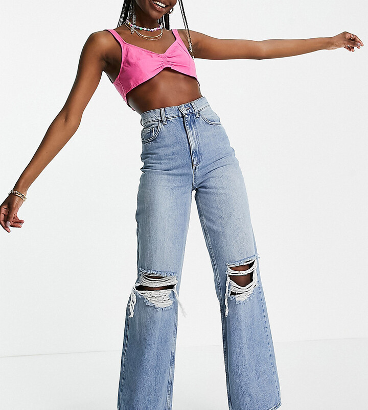 ASOS Tall ASOS DESIGN Tall cotton blend high rise 'relaxed' dad jeans  brightwash with rips - MBLUE - ShopStyle
