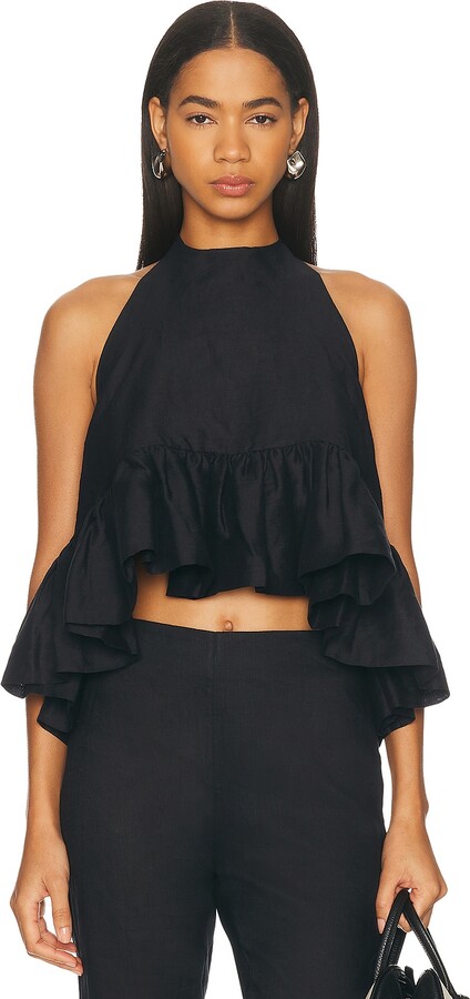 AEXAE Linen Peplum Top in Black