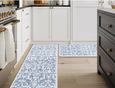 Blue Set Of 2 Non Slip Cushioned Kitchen Rugs Ergonomic Memory Foam Standing Mat