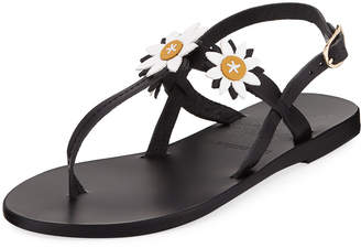 Ancient Greek Sandals Sylvie Leather T-Strap Sandal w/ Flower Appliques