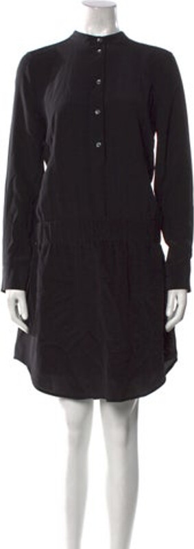 Equipment Silk Shirtdress Black Long Sleeve with Mock Neck Button Closure at Front Designer