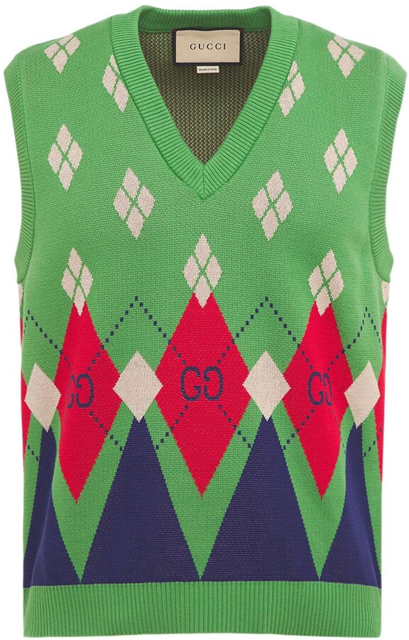 Gucci Gg Argyle Cotton Knit Vest - ShopStyle