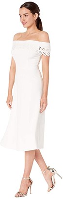Calvin Klein Off Shoulder A-Line w/ Laser Cut Detail (White) Women's Dress