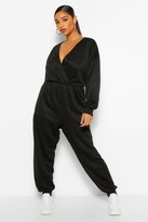 Thumbnail for your product : boohoo Plus Wrap Over Loopback Sweat Jumpsuit