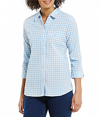 Allison Daley Petites Point Collar Button Front Gingham Blouse