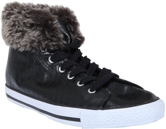 Yours Clothing Black Lace Up Hi Top Trainers With Fur Trim In EEE Fit