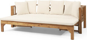 Benjara Outdoor Daybed Sofa 79 Inch Brown Acacia Wood Frame Cream Cushions