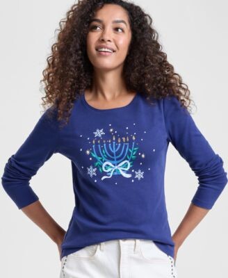 Holiday Lane Womens Menorah Long Sleeve Top Macys Exclusive
