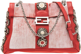 Lægge sammen sammen Modig Fendi Red/White Canvas and Leather Maxi Baguette Embellished Shoulder Bag -  ShopStyle