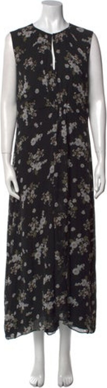 Vince Silk Tent Dress Black Floral Print Pleated Accents Sleeveless with Crew Neck Concealed Zip Closure at Back