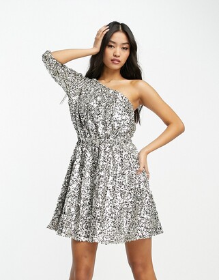 Forever New tiered metallic plisse mini dress in emerald green