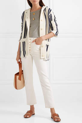 Tory Burch Hooded Fringed Striped Linen And Wool-blend Cardigan