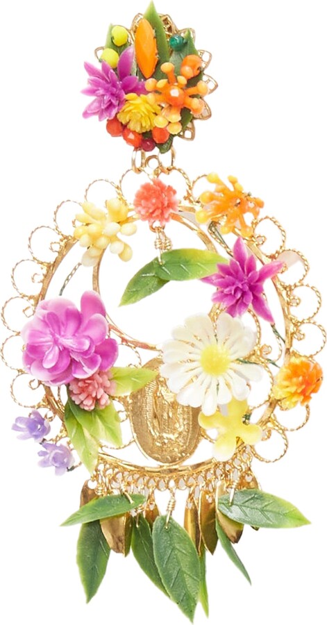 Mercedes Salazar Plastic Flower Gold Rosary Clip On Earrings