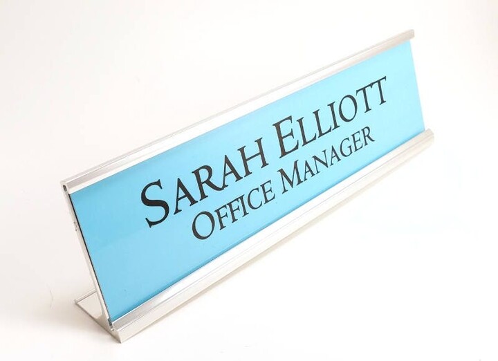 Personalized Desk Name Plate Nameplate Blue With Silver Metal Holder 2 X 8 Inches